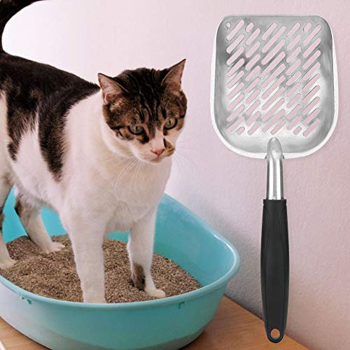 Cryfokt Haustierstreuschaufel, Effizientes Aluminiumsieb für Einfache Reinigung, Verhindert Streuen, Geräumiger Eimer für Katzenstreu, Schwarz, 34 X 13,5 cm, für Haustierbesitzer (Black)