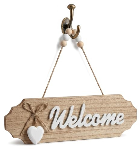 SOLVIO Welcome Sign for Front Door Decoration, Wooden Heart Shaped Door Plaque with Rope Bow, Rustic Home Sign and Garden Plaques for Outside, Entryway Decor Wall Hanging