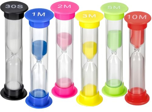 Juego de 6 relojes de arena de colores (30s, 1, 2, 3, 5, 10 minutos), temporizador visual para cepillo de dientes, cocina, tareas y juegos, herramienta de gestión del tiempo práctica para el hogar y