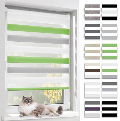 BelleMax Doppelrollo Klemmfix ohne Bohren & mit Bohren, Weiß Grau Grün 40x150cm(BxH), Duo Rollo, Sonnenschutz lichtdurchlässig Blickdicht, Klemmrollo Fensterrollo, Rollos für Fenster und Tür