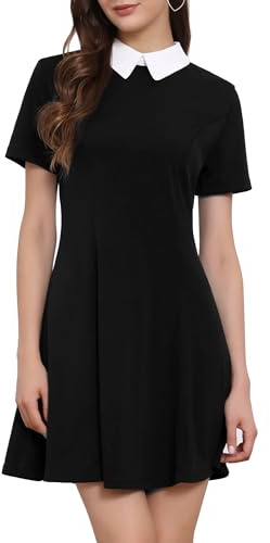 Allegra K - Vestito da Donna, con Colletto, a Maniche Corte, con Gonna a Campana Nero Nero