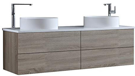 StoneArt Badmöbel Set mit Mineralguss Waschbecken Waschschale Aufsatzwaschbecken und Unterschrank Waschtisch Einzel- oder Doppelwaschbecken Brugge BU-1601pro-6 Eiche hell 160cm
