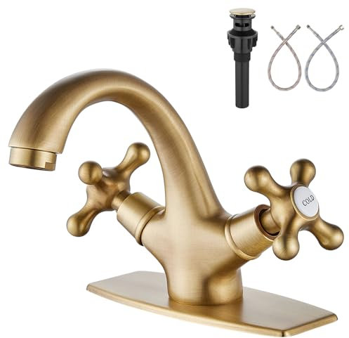 Aolemi Bathroom Sink Faucet Single Hole Cold and Hot Double Handle Cross Knobs Vanity Vessel Sink Basin Mixer Tap with Deck Cover Plate with Pop Up Drain Antique Brass