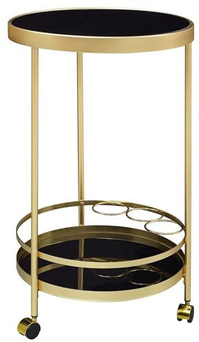 FineBuy Design Carrito de Servicio Dorado Redondo Ø 45cm 2 Niveles | Mesa Auxiliar con Ruedas con | Tapa de Cristal del Coche Comedor Negro | Carro de Cocina | Carrito de té