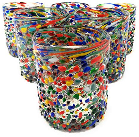 Hand Blown Mexican Drinking Glasses – Set of 6 Confetti Rock Tumbler Glasses (10 oz each)