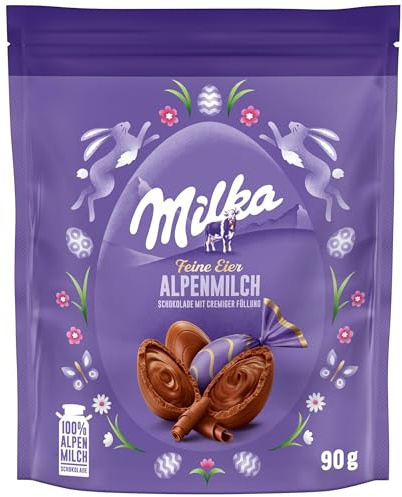 Milka Feine Eier Alpenmilch – Zartschmelzende Osterschokoladen-Eier aus 100 Prozent Alpenmilch-Schokolade – 90g