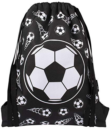 Fringoo Minimalistischer Rucksack mit Kordelzug, Unisex, für Schule, Sport, Freizeit, 3 Taschen, 1 Fach, Schwarz, Fußball, Schwarz, L, Modern