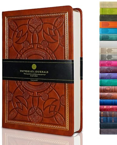 Victoria's Journals Journal i konstläder, fodrad anteckningsbok med hårt omslag i vintagestil, journal med gammalt utseende, resedagbok med linjerade sidor, 14,5 x 20,5 cm (brun)