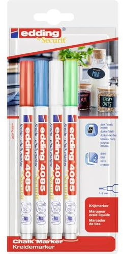 edding 4085 kolmarker - röd vit blå grön (standard) - 4 kolpennor - rund spets 1–2 mm – vattenlöslig penna med tunn spets för krittalvor, fönster, glas, speglar – flytande kolmärkpennor, opak täckning