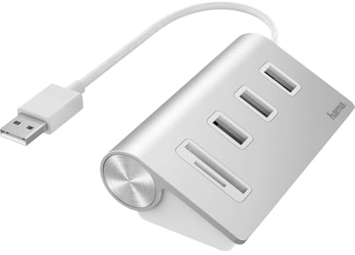 Hama USB Hub 5 Ports mit Kartenlesegerät (High-Speed Datenübertragung, 2X Kartenleser SD und microSD, 3X USB-A für Maus, USB-Stick, usw. Multiport Adapter, USB Adapter 5in1 für Büro, Homeoffice) Alu