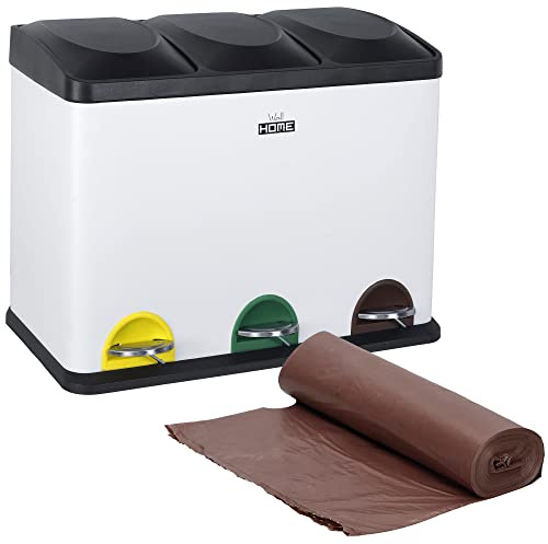 WELL HOME MOBILIARIO & DECORACIÓN Pack Cubo de reciclaje 45 L. de 3 compartimentos CON rollo 20 bolsas de basura 20 L., reciclaje de basura / cubos de reciclaje, Papel, Vidrio y Plástico, plateado