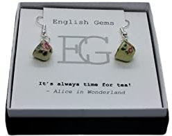 Teacup Earrings and Teapot Necklace, Pink Roses on Yellow, Ceramic Miniatures, Choice of Metals/Tea Quote on Insert in Gift Box