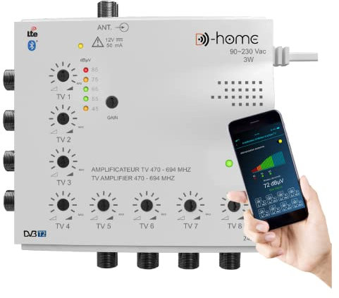D-Home - Amplificatore TV TNT Interno 8 Uscite 22dB Collegato Filtrato 4G-5G - Funziona con l'app Mobile TV Finder per trovare il miglior segnale disponibile. Adatto a qualsiasi antenna
