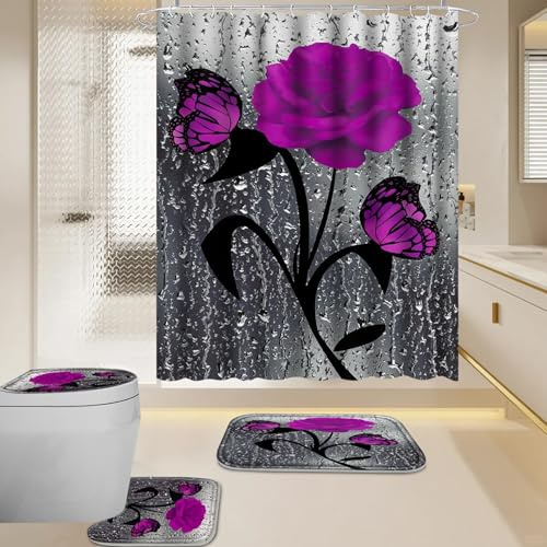 4 Piece Waterproof Shower Curtain Set for Bathroom-Rose-Non-Slip Bath Mat and 12 Hooks,Curtain Set with Rug,Toilet Lid Cover Bathroom Decoration (Violett)