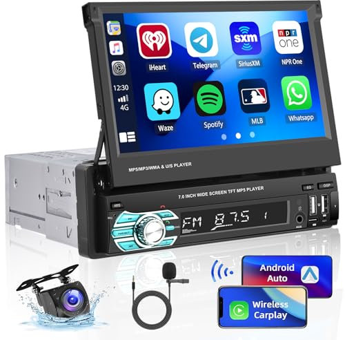 Hikity 1 DIN Radio de Coche Carplay inalámbrico con Pantalla Táctil Plegable 7 , Android Auto Radio para Coche con Bluetooth EQ Mirror Link TF/Type-C+ AHD Cámara Trasera