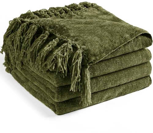 LONG CREATE Chenille Throw Blanket for Couch 50X 60, Soft Cozy With Fringe Tassel for Bed Sofa Chair, Lightweight Knitted Decorative Farmhouse Boho for Gift, Olive Green