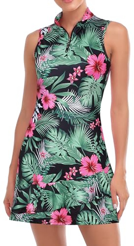 Viracy Robe de Tennis sans Manches avec Short et Poches à Volants, Fermeture éclair, col Montant, Fleurs de la Jungle, Taille L