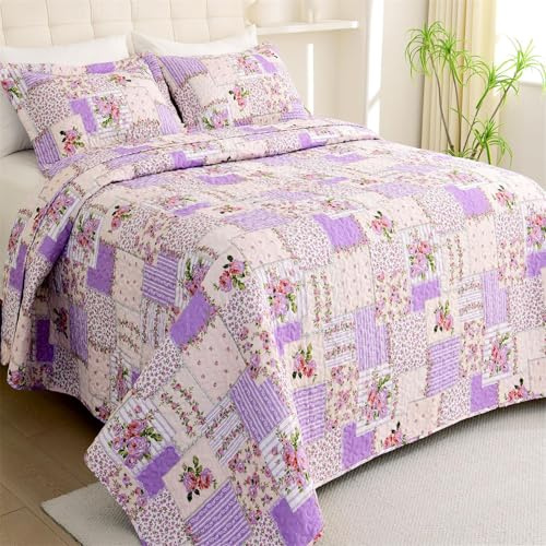 Cmfshape Garden Floral Quilt Bedspread Twin Size,1 Piece Patchwork Lilac Quilt Set with 1 Pillow Sham,Summer Bedding Set for Girls Women,Soft Lightweight Bed Coverlet for All Seasons(Twin68x86 Pink)