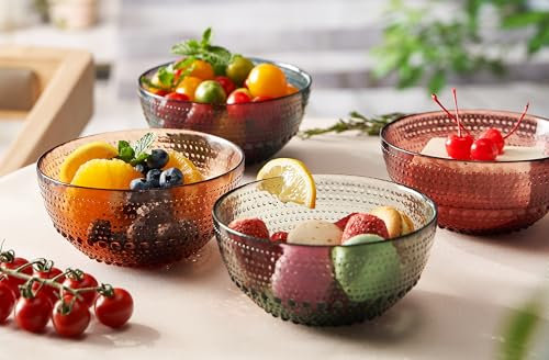 Khen Glass Hobnail Colored Bowl | Set of 4 | Natural Colors 5.7 Dinner or Mixing Cup - Dessert, Charger, Appetizer Bowl, Snack, Fruit, Nuts | Vintage Art Deco Hand Wash Housewarming Gift