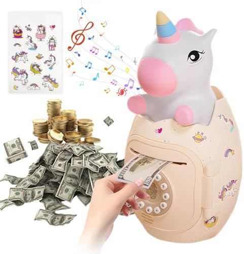 Fullware Einhorn Spardose Kinder Tresor Mädchen mit DIY Aufkleber Sparschwein Groß XXL Passwortschutz mit Kinderlieder und Englische Muster, ab 3-8 Jahre, Geburtstag Geschenke für Mädchen