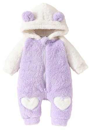 MAHUAOYIXI Toddler Baby Romper Infant Baby Girls Long Sleeve Footies Hooded Zipper Closure Bear Ear Snowsuit Winter Fuzzy Jumpsuit for Baby Girls Christmas Clothes Casual Daywear(Purple, 0-3 Months)