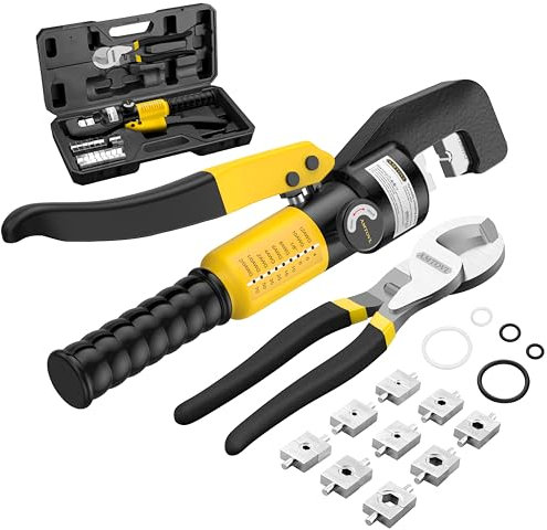 AMTOVL Pinza a Crimpare Idraulica - 8 TONNELLATE Idrauliche con Taglierina per Cavi Pinza per Capicorda Idraulica da 12AWG a 2/0 con 9 Filiere