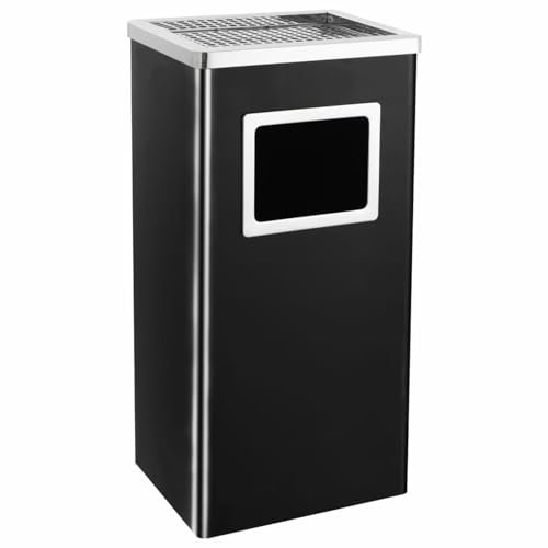 Sufrk Papelera con cenicero de hotel, 45 l, acero negro, papelera, papelera, papelera, cenicero de pie de acero inoxidable