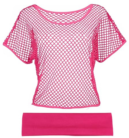 IKOPFLN Damen Neon Outfit Set Mesh Shirt & Stirnband 80er Jahre Retro Party-Thema