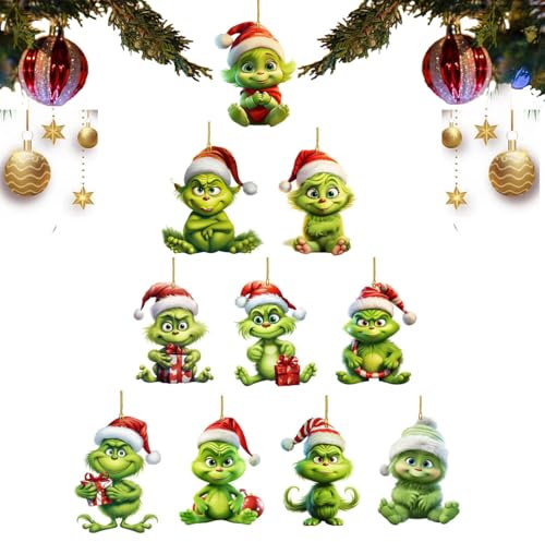 Zixrmor 10 Stück Grinch Weihnachtenanhänger, 2024 Grinch Weihnachtsdeko,mit elastischer Kordel 2D acryl Anhänger, fröhliche weihnachtsschmuck für Weihnachtsbaum Deko, Urlaub, Party (10)