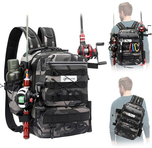 QKTYB Große Angeltasche mit Rutenhalter, Wasserdichter Angelrucksack mit Reißverschluss, 35L Robuster Oxford-Stoff Mehreren Taschen Reiserucksack für Angeln, Jagd, Reisen, Wandern (45×30×25cm)