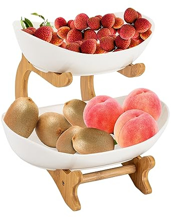 TONFEION Fruit Bowl, 2 Tier Fruit Baskets for Kitchens, Pottery Fruit Bowls with Bamboo Wood Stand, Large Capacity Serving Tray for Fruits, Vegetables, Cakes, Snacks and Sugars (White)