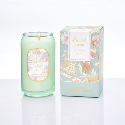 M&SENSE Candele alla Soia 280g in Vetro - Basilico Menta Selvatica, 60H Combustione, Cera Soia Naturale Candela Non Tossico, Aromaterapia Relax, Regalo di Lusso per Donne & Mamma