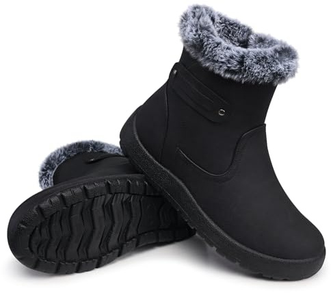 SHIBEVER Women's Snow Boots Winter Fur Lined Waterproof Anti-Slip Leather Women Ankle Snow Boots Black Size 8