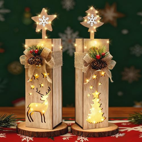 Charfia Weihnachtsdeko Innen Outdoor, 2 Stück Holzdeko Weihnachten LED Weihnachtsdeko Holz, 30cm Höhe Weihnachtstisch Deko Weihnachtsdekoration Winterdeko Weihnachten deko