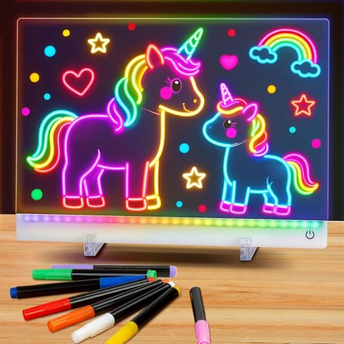 Rechargeable Led Drawing Board for Kids, 11.8*7.9 Dry Erase Board, 4 Modes &7 Colors Glow Doodle Note Board, Include Hanging Chain, 2 Stands, 8 Markers, Spray Bottle, Cleaning Cloth, Kid Girls Gifts