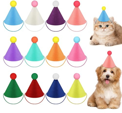 PETKNOWS 12 Pcs Mini Party Hats for Stuffed Animals and Small Pets | Adjustable Felt Dog Birthday Hats, Assorted 12 Colors, Mini Birthday Hats for Stuffed Animals Dolls Dogs Cats