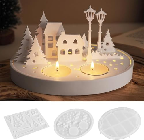 House Silicone Mould, Christmas Village Resin Moulds, Tea Light Candle Holder Mould, Christmas House Tree Candle Holder Plaster Moulds, Christma and Winter Candlestick Decoration for Indoor Use