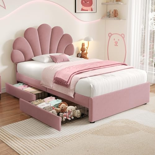 3ft Single Bed Frame Upholstered Platform Bed with 2 Storage Drawers and Adjustable Chic Petal Headboard, Wood Slat Support, Velvet Single Upholstered Bed for Adults Kids Teenagers, No Mattress, Pink