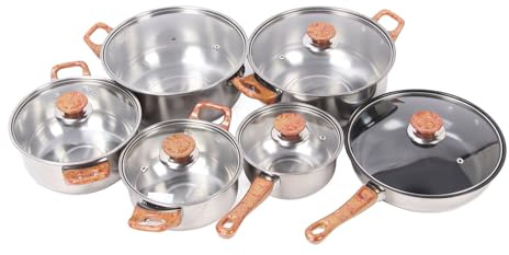 Fictory Juego de utensilios de cocina de grano de madera, acero inoxidable y vidrio, asas ergonómicas, ollas y sartenes antiadherentes para cocinar fácilmente sopa, esenciales de cocina duraderos