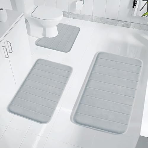 YNNHUDEEP Badezimmerteppich Set 3 Teilig - Badematte aus Korallenfleece,Badteppich rutschfest Waschba,Hellgrau Badezimmer Teppich Set,Bad Teppich rutschfest Waschbar für Dusche,WC & Badewanne