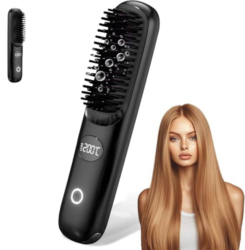 Brosse Lissante Sans Fil, Brosse Chauffante Lissante Portable 200 Millions D'ions Négatifs Anti-BrûLure avec 3 Températures, Mini Lisseur USB C Rechargeable pour Voyage, Maison