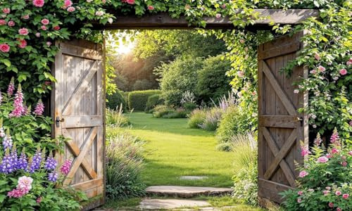Rustic Wooden Gates Garden HD Garden Mural Tapestries Outdoor Curtain Banner Privacy Screen Wall Hanging 3D Tapestry Backdrop Display W300cm x H180cm, W118.11 inches x H70.87 Inches