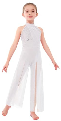 Oyolan Mono De Baile Lírico Para Niñas Body Sin Mangas Con Cuello Alto Con Lentejuelas Body De Gimnasia Traje De Baile De Salón Blanco 7-8 años