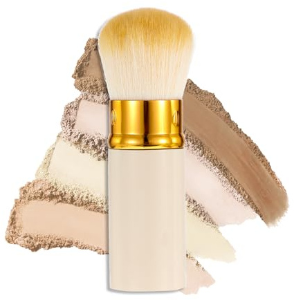 Retractable Makeup Brush, Beige Travel Blush Brush for Cheeks with Cover Portable Kabuki Brushes for Powder Foundation Blush Bronzer Buffing Liquid Cream Highlighter Flawless Powder Cosmetics