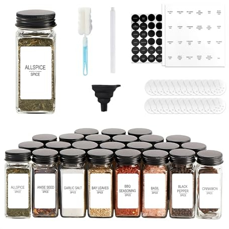 APKOL Set med 24 fyrkantiga glas Kryddburkar 120 ml med etiketter, Dispenserlock, Tratt – Kryddförvaringsburkar, Köksförvaring, Lufttäta Burkar, Svart