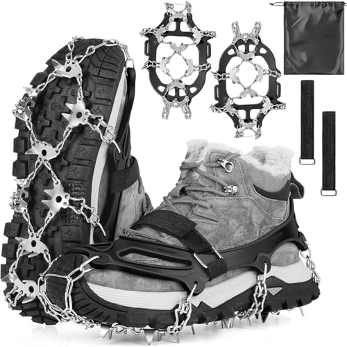Steigeisen Bergschuhe mit 32 Zähne, Griffig Crampons Edelstahl Verdickte Schuhspikes, Grödel Wanderschuhe Spikes Schuhe Schneeschuhe Steigbügel Kletterschuhe für Winter Bergsteigen Trailrunning Angeln