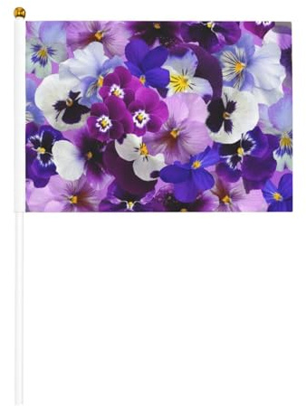 6 banderas de mano personalizadas con diseño de pensamientos y flores de Pascua y primavera, con mástil, mini banderas para decoración de fiestas callejeras.