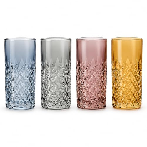 Pack 4 Vasos de Cristal de Colores 355 ml, Vasos Altos Tallados con Relieve Diamante, Cristalería Moderna para Agua, Refrescos, Zumo, Cócteles y Bebidas, Azul, Gris, Rosa y Ámbar