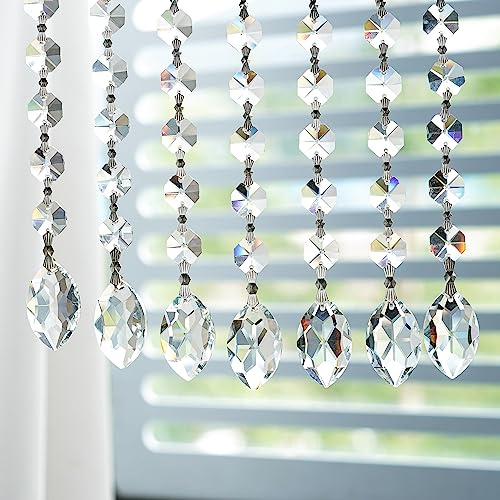 Elegant 5PCS Clear Crystal Teardrop Chandelier Prisms Hanging Suncatcher | Replacement prisms with glass bead chain. Ideal for wedding, party, home decor. Creates rainbows.