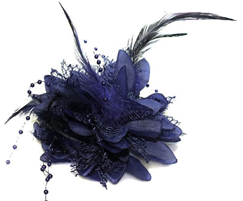 Blomma fjäder pärla corsage hårklämmor fascinator hårband och nål (marinblå)
